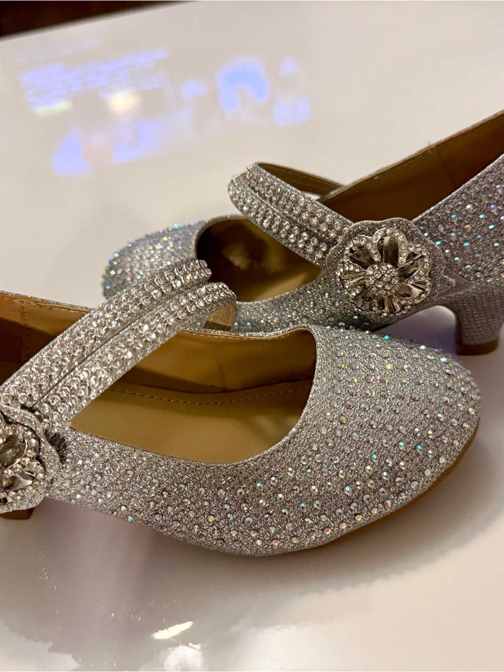 Link Girls Silver Glitter Mary Jane Dress Shoes with Rhinestone Flower